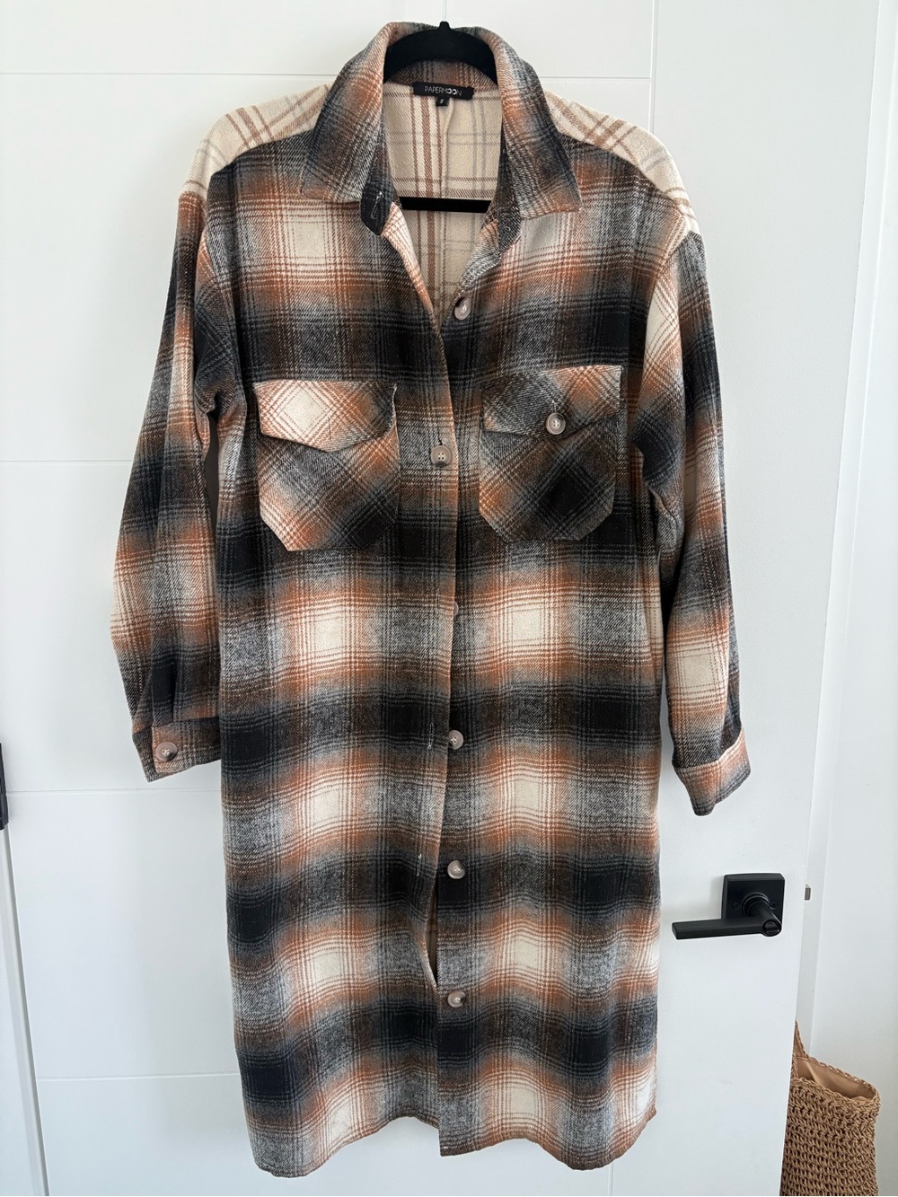 Papermoon Plaid Long Shacket Coat in Brown, Black & Cream Size Small